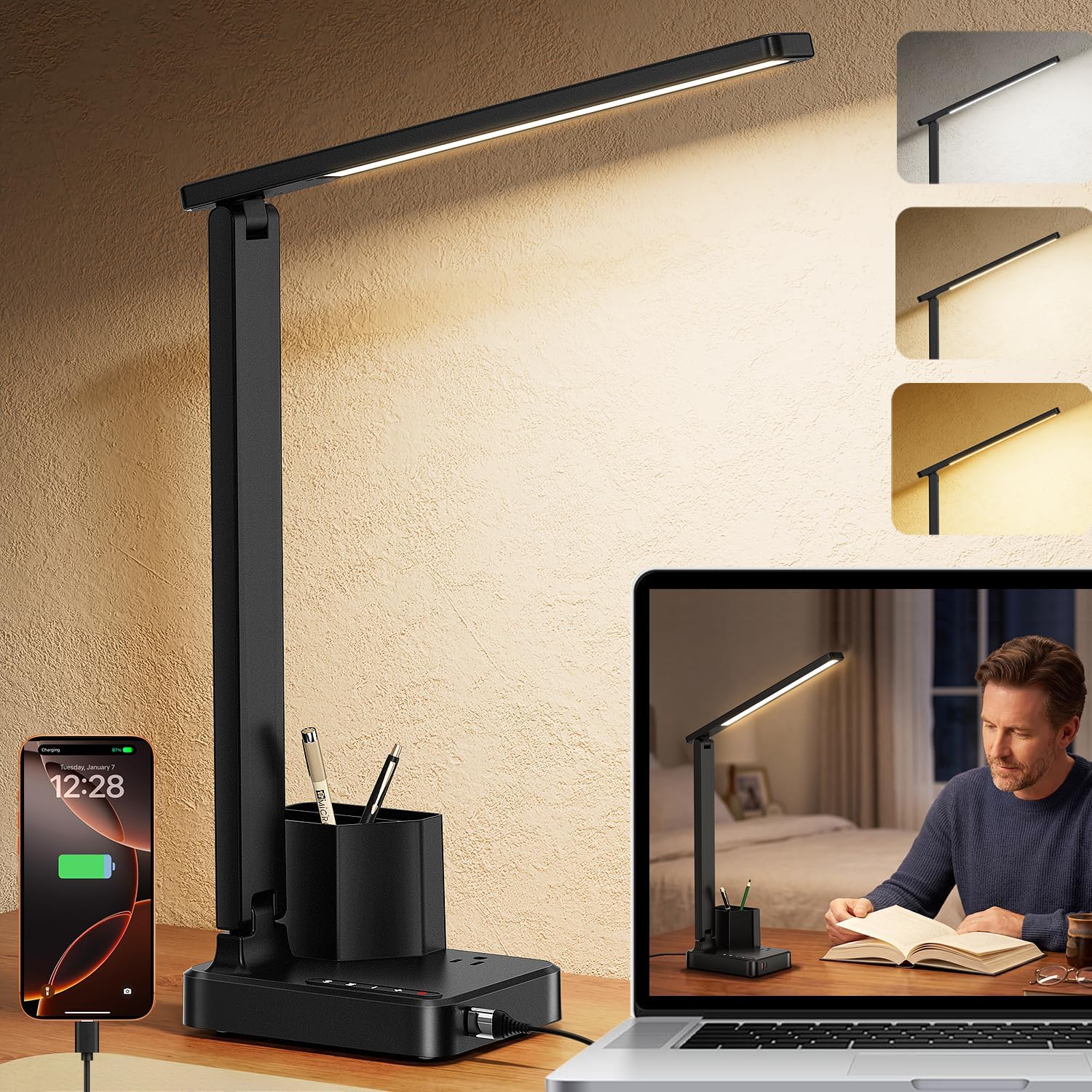 black LED desk lamp USB charging